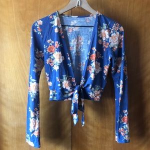 Y2k American Eagle Blue Floral V-neck Tie Crop Top Size Small
